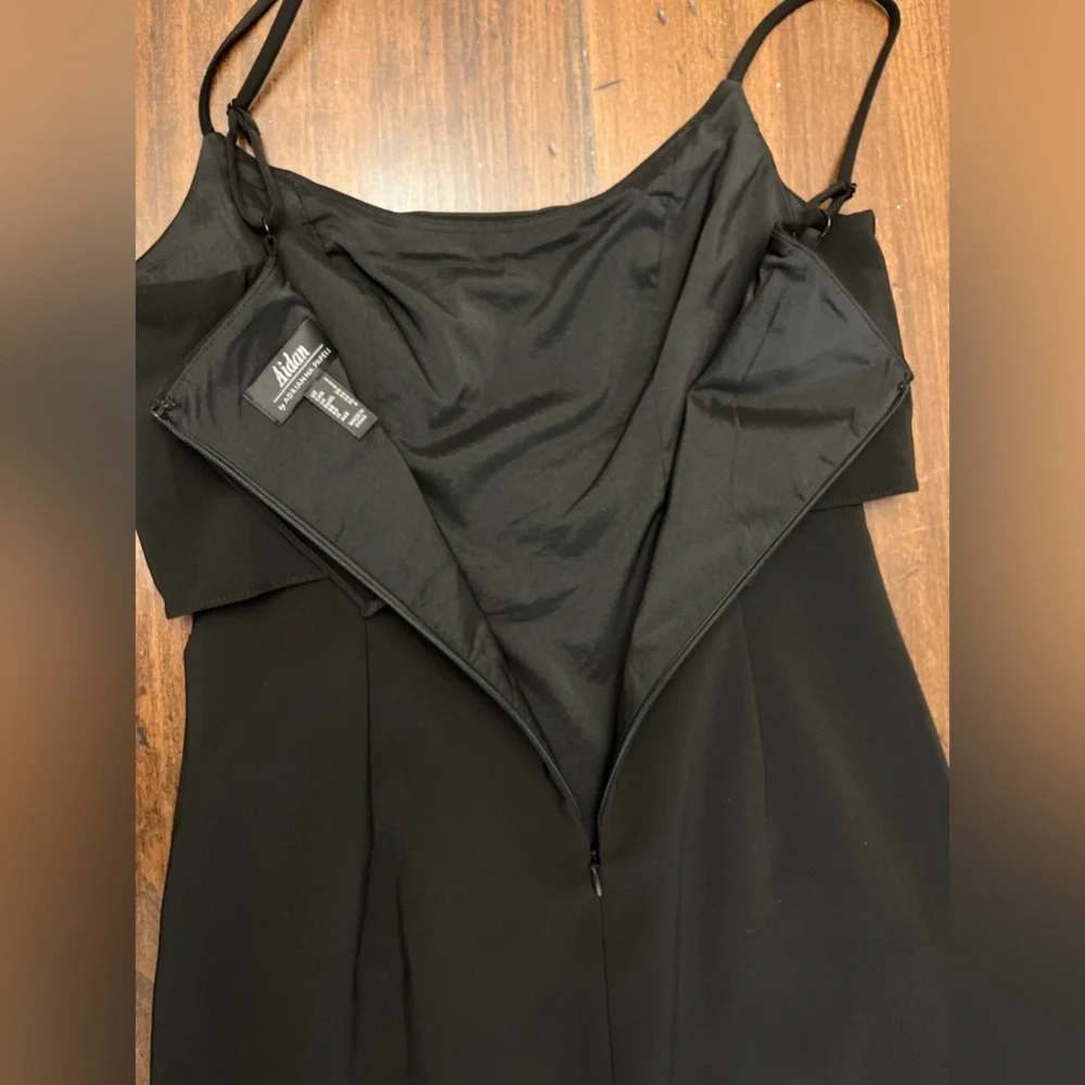 Aidan Adrianna Papell Crepe Popover Midi Black Fringe Hem Sheath Dress 2 LBD NWT - Picture 8 of 16